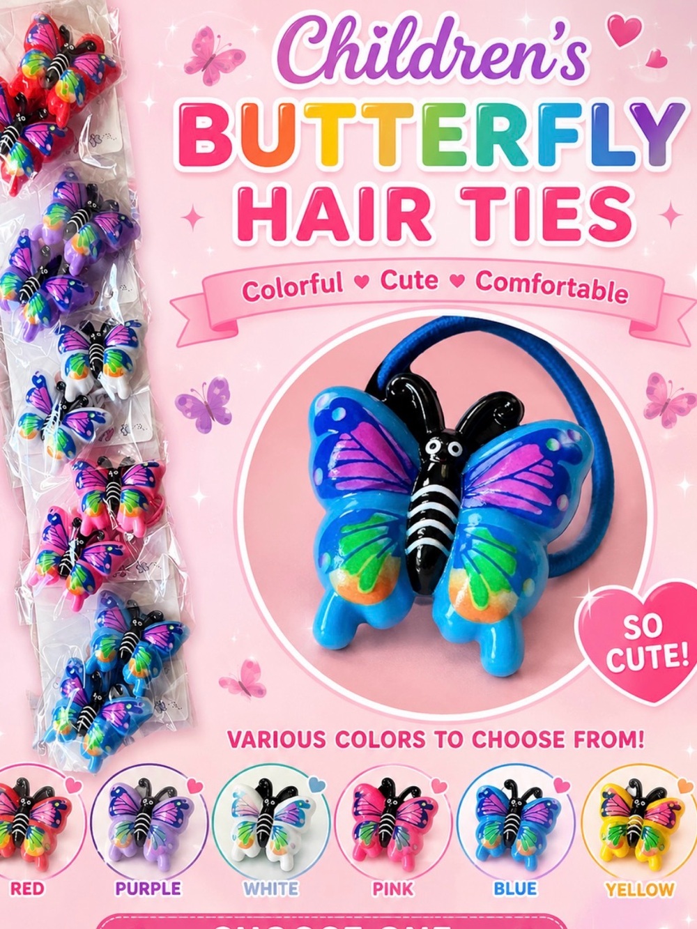 Children’s Hair Tie w/ Plastic Butterfly - Set of 3 Pairs